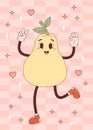 Retro vintage cartoon character pear. Groovy Funny mascot. Vector illustration. Vertical poster with cute happy fruit.