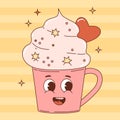 Retro vintage cartoon cup with dessert. Vector illustration of mascot, character. Groovy Funny cup. Hippie 60s, 70s, 80s