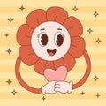 Retro vintage cartoon flower Power. Vector illustration of mascot, character. Groovy Funny daisy flower with heart