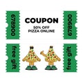 Retro vintage cartoon Gift Voucher and Coupon with character Pizza. Cute mascot with psychedelic smile and emotion