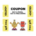 Retro vintage cartoon Gift Voucher and Coupon with characters Pizza and Drink. Cute mascot with psychedelic smile and