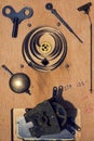 Retro vintage clockwork movement watch mechanism on wood Royalty Free Stock Photo