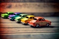 Retro vintage collection of toy cars on a wood background of Generative ai illustration