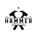 retro vintage crossed hammer and nail logo for home repair services, carpentry, badges, builders, woodworking, construction, Royalty Free Stock Photo