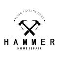 retro vintage crossed hammer and nail logo for home repair services, carpentry, badges, builders, woodworking, construction, Royalty Free Stock Photo