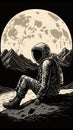 Retro Vintage Engraving Woodcut Linocut style space astonaut sittin on a moon surface. Lonely adventure explore future vibe. Can