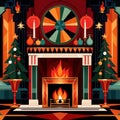 Retro vintage fireplace, warm hearth in home, art deco style illustration