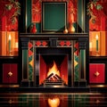 Retro vintage fireplace, warm hearth in home, art deco style illustration