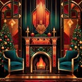 Retro vintage fireplace, warm hearth in home, art deco style illustration