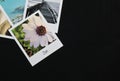 Retro vintage four instant photo frames cards on black background with images of nature