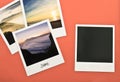 Retro vintage four instant photo frames cards on red background with images of nature