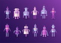 Retro vintage funny vector robot set icon in flat style isolated on violet background. Vintage illustration of flat Royalty Free Stock Photo