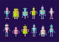 Retro vintage funny vector robot set icon in flat style isolated on violet background. Vintage illustration of flat Royalty Free Stock Photo