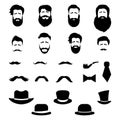 Retro, vintage gentleman set. A collection of diverse male faces, hats and mustaches. Vector Royalty Free Stock Photo