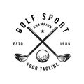 Retro vintage golf, professional golf ball logo template design, golf championship, badge or icon with crossed golf clubs and ball Royalty Free Stock Photo