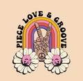 Retro vintage groovy styled poster or t-shirt print design template with peace hand gesture and rainbow and flowers isolated on Royalty Free Stock Photo