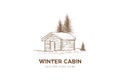 Retro Vintage Hand Drawn Wooden Cabin Chalet Cottage with Snow Logo Design Vector