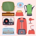 Retro vintage household appliances kitchenware antique technology utensil vector illustration. Royalty Free Stock Photo