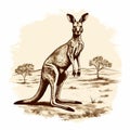 Retro Vintage Kangaroo Drawing With Detailed Engraving And Theatrical Gestures