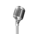 Retro vintage metal microphone on stand on white background. Mic with flare. Music, voice, record icon. Recording studio Royalty Free Stock Photo