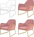 Retro vintage modern pastel blush pink armchair sketch set. Vector illustration in black and white and color. Royalty Free Stock Photo