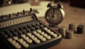 Retro vintage old antique calculator, typewriter, and clock. Accounting, business, money. Royalty Free Stock Photo