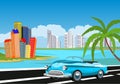 Retro vintage old car on the road, beach palms, Royalty Free Stock Photo