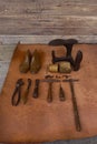 Retro and vintage old cobblers tools and leather