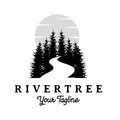 Retro vintage pine tree illustration with river logo design vector