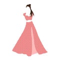 Retro vintage pink polka dot dress isolated on white background. Flowing untied hair.