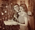 Retro vintage portrait of couple Christmas party. Black and white . Royalty Free Stock Photo