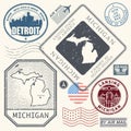 Retro vintage postage stamps set Michigan, United States Royalty Free Stock Photo