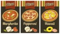 Retro Vintage poster whole Pepperoni, Hawaiian, Margherita pizza and the ingredients. Black background. For advertising