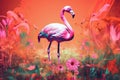 retro and vintage psychedelic poster of flamingo in a flowery field