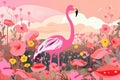 retro and vintage psychedelic poster of flamingo in a flowery field