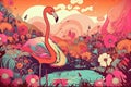 retro and vintage psychedelic poster of flamingo in a flowery field