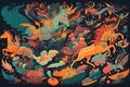 retro and vintage psychedelic poster with flying magical creatures, unicorns, and other mythical beasts