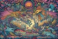 retro and vintage psychedelic poster with flying magical creatures, unicorns, and other mythical beasts