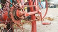 Retro vintage red bike close up. An old charming concept of a classic abandoned bike Royalty Free Stock Photo