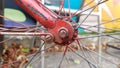 Retro vintage red bike close up. An old charming concept of a classic abandoned bike Royalty Free Stock Photo