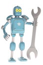 Retro vintage robot with spanner; on a white background.