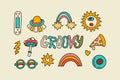 Retro vintage 70s 80s groovy element set, cute funky hippy sticker collection Royalty Free Stock Photo