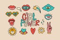 Retro vintage 70s 80s groovy element set, cute funky hippy sticker collection