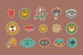 Retro vintage 70s 80s groovy element set, cute funky hippy sticker collection