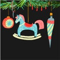 Retro vintage Scandinavian graphic lovely winter holiday new year collage pattern Christmas tree toys and rocking horse vector Royalty Free Stock Photo