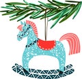 Retro vintage Scandinavian graphic lovely winter holiday new year collage pattern Christmas tree toys and rocking horse vector Royalty Free Stock Photo