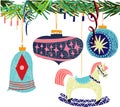 Retro vintage Scandinavian graphic lovely winter holiday new year collage pattern Christmas tree toys and rocking horse vector Royalty Free Stock Photo