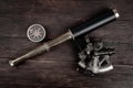 Retro vintage spyglass telescope with sextant and compass