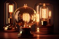 Retro vintage style soft amber hue glowing filament edison ligt bulbs dark transparent background. Set of vintage glowing light