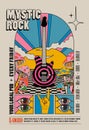 Retro vintage styled psychedelic rock music concert or festival or party flyer or poster design template with electric guitar